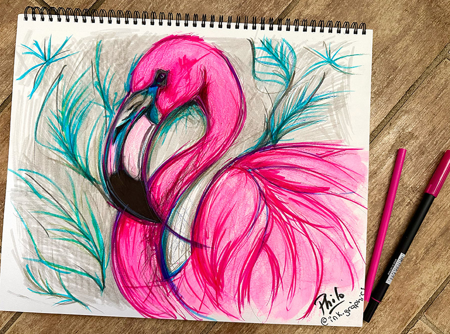 Sarasota artist Patricia Filomeno creating pink flamingo artwork in her Florida studio